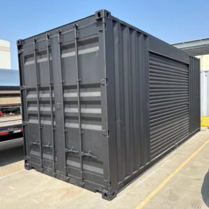 20ft Used Shipping Container – Matte Black w/ 12’ Side Roll-Up Door